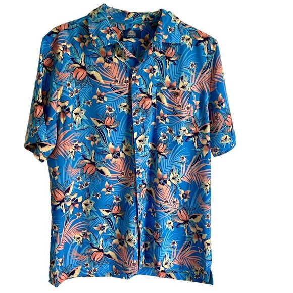 Havana Jim Button Down Short Sleeve  Blue Tropical Print Shirt Men's Medium NEW - Picture 1 of 7